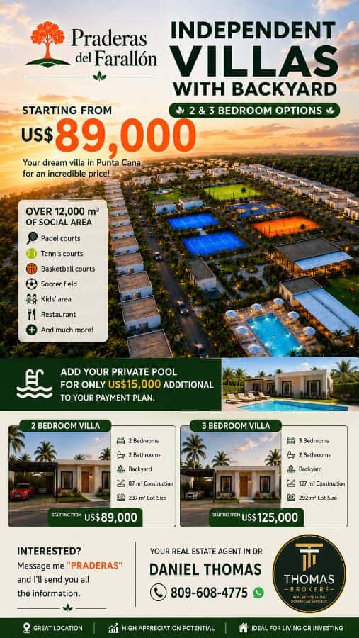 New Pre Sale Villas Starting at 89K with flexible Payment Plan in Closed Residence with Social Areas, Swimming Pools, Tennis, Paddle, Soccer, Kids Playground and Much More in Punta Cana Area